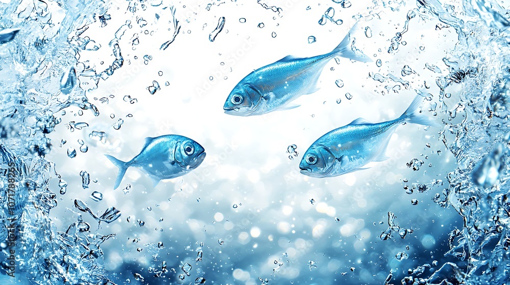 Vibrant Illustration of Fish Swimming in a Blue Water Environment with Bubbles and Light Effects, Representing a Clean and Refreshing Aquatic Scene