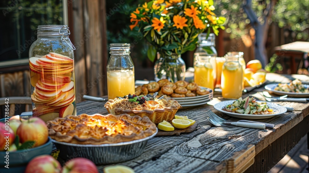 Fototapeta premium A vibrant outdoor table filled with various delicious foods and drinks for a gathering.