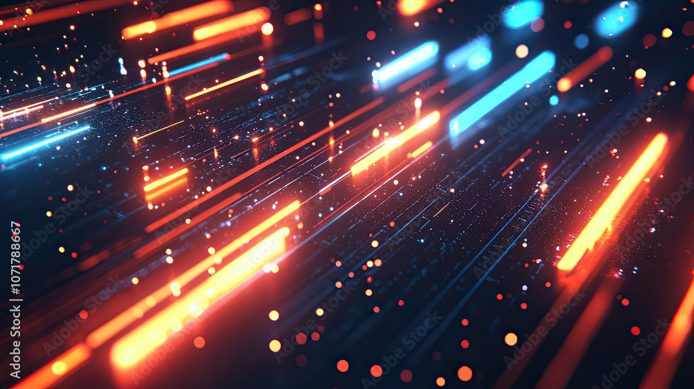 Fototapeta premium Blurred streaks of colored lights create vibrant, dynamic atmosphere with bright tones of blue and orange, evoking sense of energy and movement