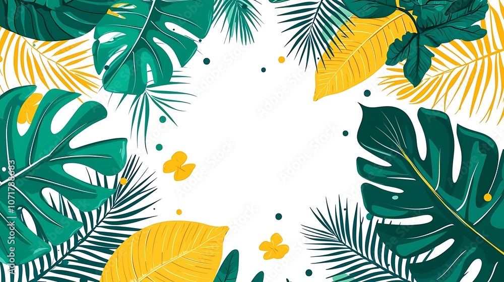 Fototapeta premium Vibrant Clip Art Frame with Tropical Leaves and Greenery, Showcasing a Bright and Lively Design Ideal for Nature-Themed Projects and Creative Uses