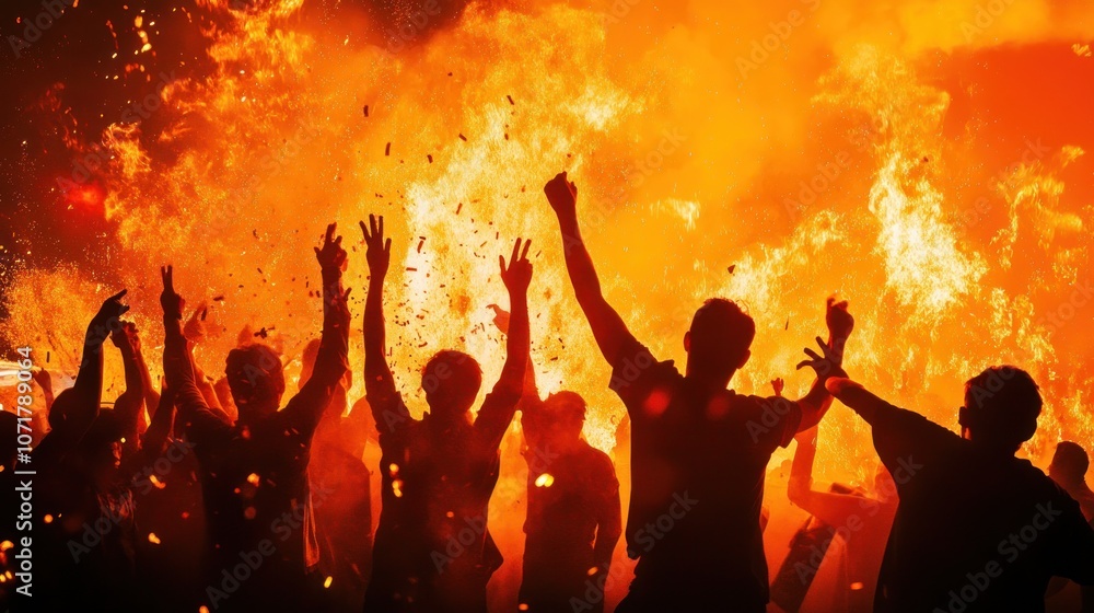 Fototapeta premium Silhouetted figures celebrate amidst a vibrant fire, creating an intense atmosphere.