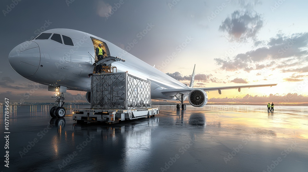 A modern airplane is parked on a reflective runway, where cargo is being loaded at sunrise, showcasing a tranquil yet industrious airport scene. A modern airplane is parked on a reflective runway, where cargo is being loaded at sunrise, showcasing a tranquil yet industrious airport scene.