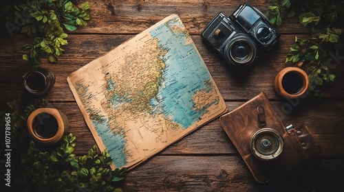 Flat lay of travel essentials on a rustic wooden surface a world map, camera, compass, and coffee.