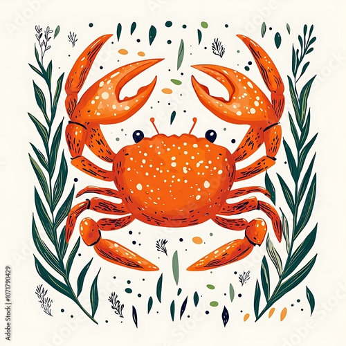 Playful Orange Crab Surrounded by Green Seaweed in a Vibrant Marine Environment, Perfect for Nature and Ocean-Themed Projects and Illustrations photo