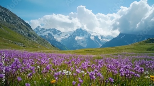 A vibrant meadow filled with purple flowers, framed by majestic mountains and clouds.