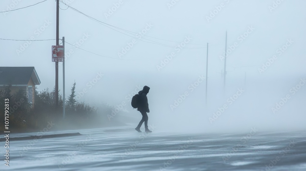 Obraz premium A lone figure walks through a dense fog, battling strong winds, symbolizing resilience, determination, and the struggle against the elements. The fog creates an atmosphere of mystery and isolation, wh