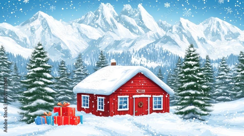 Fototapeta premium Cozy Cabin Surrounded by Snowy Mountains and Gifts