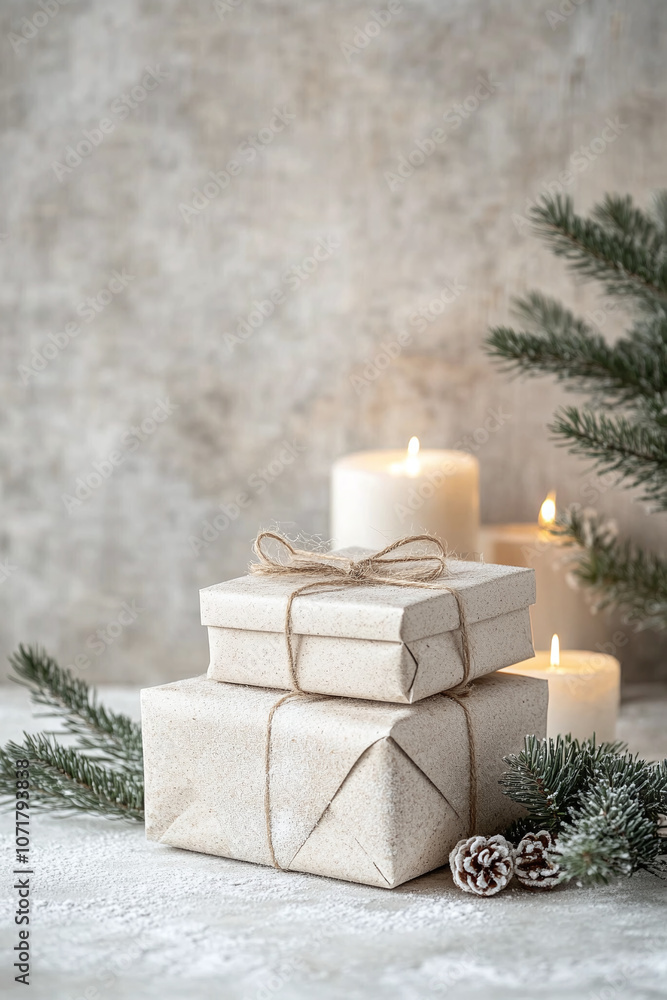 Rustic Christmas Gifts with Candles and Pine Branches Rustic Christmas Gifts with Candles and Pine Branches