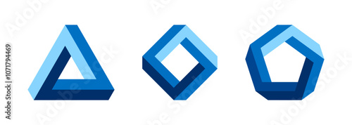 Penrose triangle, square and pentagon, impossible objects, that appear as solid objects, made of straight bars. Optical illusions consisting of objects which can be depicted in perspective drawings.