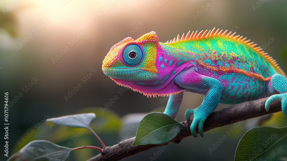 Fototapeta premium Vibrant and colorful chameleon on branch in natural habitat