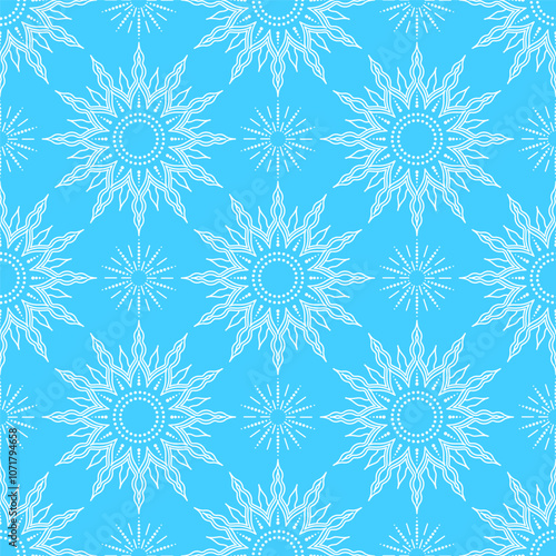 Seamless pattern of intricate snowflake like designs in white against a bright blue background, creating a frosty and elegant winter vibe.