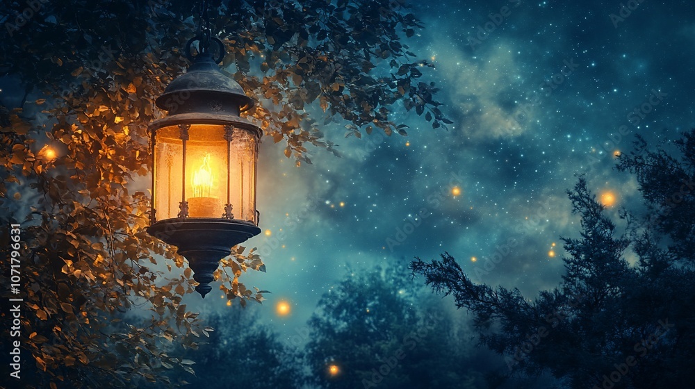A glowing lantern hangs from a tree branch in a magical forest, illuminating the night sky and casting a warm glow. A glowing lantern hangs from a tree branch in a magical forest, illuminating the night sky and casting a warm glow.