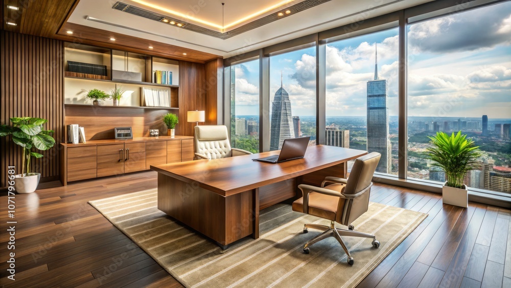 Aerial View of an Empty Executive Office Featuring a Spacious Wooden Desk and Chair, Modern Minimalist Design, Bright Natural Light, and Sophisticated Decor for Corporate Environments Aerial View of an Empty Executive Office Featuring a Spacious Wooden Desk and Chair, Modern Minimalist Design, Bright Natural Light, and Sophisticated Decor for Corporate Environments