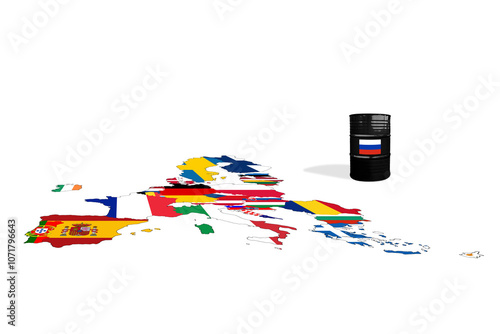 Crude oil barrel with Russian flag on a EU flag map