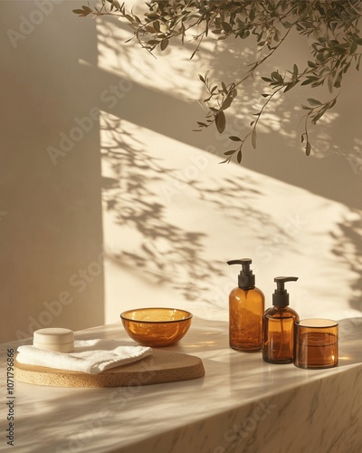 natural skincare with herbal botanical ingredients oil and lotion bottles in amber glass on marble counter, soft sunlight casting shadows 