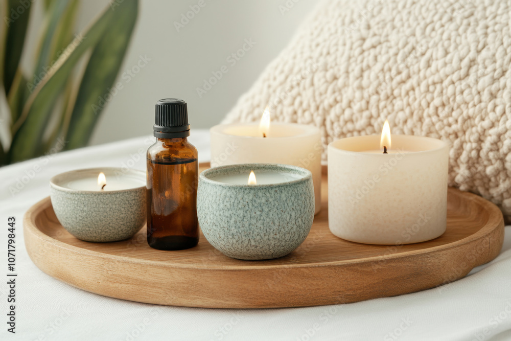 A cozy arrangement of scented candles and an essential oil bottle on a decorative wooden tray, creating a tranquil atmosphere.