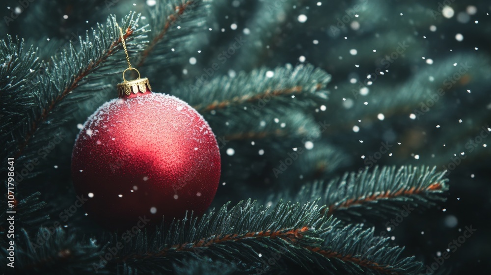 A Red Christmas Ornament Hanging on a Pine Branch with Snow Falling A Red Christmas Ornament Hanging on a Pine Branch with Snow Falling