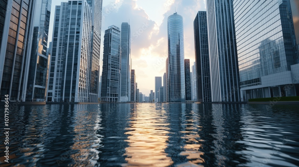 Futuristic Cityscape with Skyscrapers Reflected in Water at Sunset Futuristic Cityscape with Skyscrapers Reflected in Water at Sunset