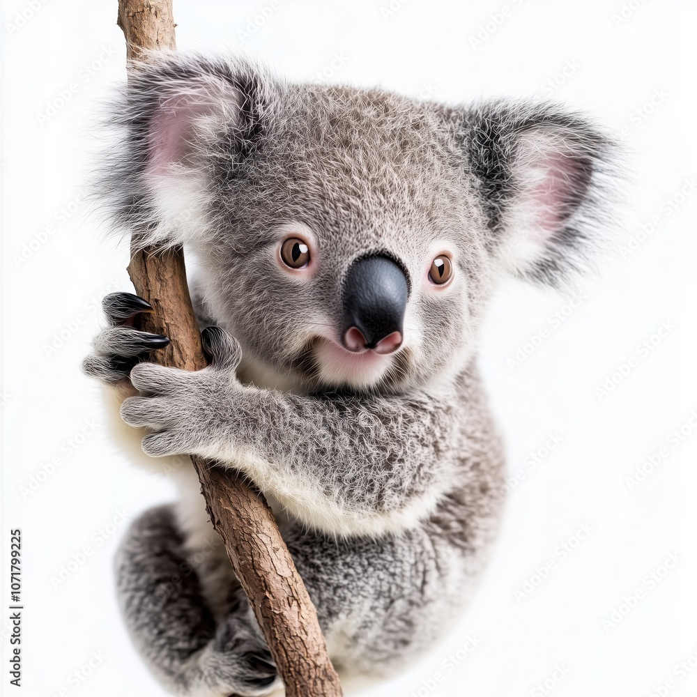 Obraz premium Adorable koala clinging to branch on white background