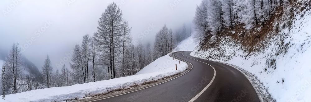 Obraz premium A panoramic view of an empty, winding road in the Alps in winter, with snow covering everything.