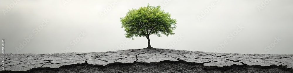 Obraz premium Single green tree in cracked landscape under cloudy sky