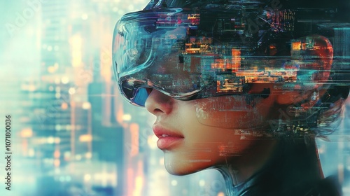 A futuristic woman wearing virtual reality goggles amidst a digital cityscape.