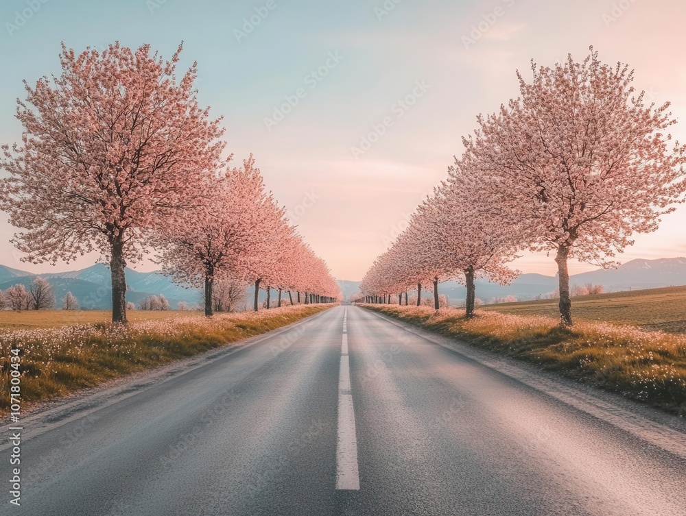 cherry blossom trees in full bloom lining a serene road during dawn, delicate pink flowers contrasting with a clear blue sky, capturing the essence of spring beauty cherry blossom trees in full bloom lining a serene road during dawn, delicate pink flowers contrasting with a clear blue sky, capturing the essence of spring beauty