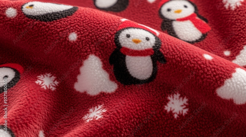 Obraz premium Cozy red fleece blanket with white snowflakes playful penguin print, perfect for winter warmth holiday cheer.