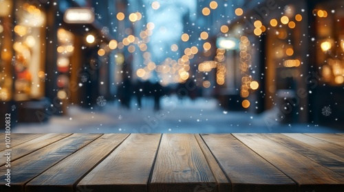 Rustic wooden table with warm, blurry string lights in background, creating cozy, inviting ambiance.