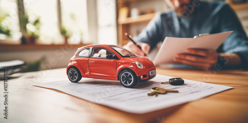 Roter Kleinwagen als E-Auto- Konzept Finanzierung des ersten eigenen Autos
 photo