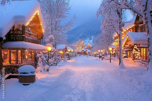 Snowcovered street lined with snowladen trees, showcasing winters serene beauty in quiet urban setting. photo