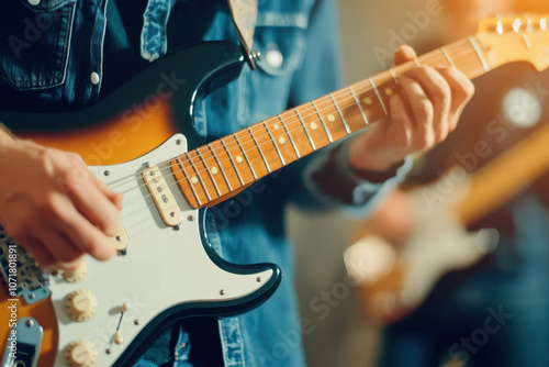 A person playing an electric guitar, showcasing skill and passion in a musical setting, with a blurred background indicating a live performance atmosphere.