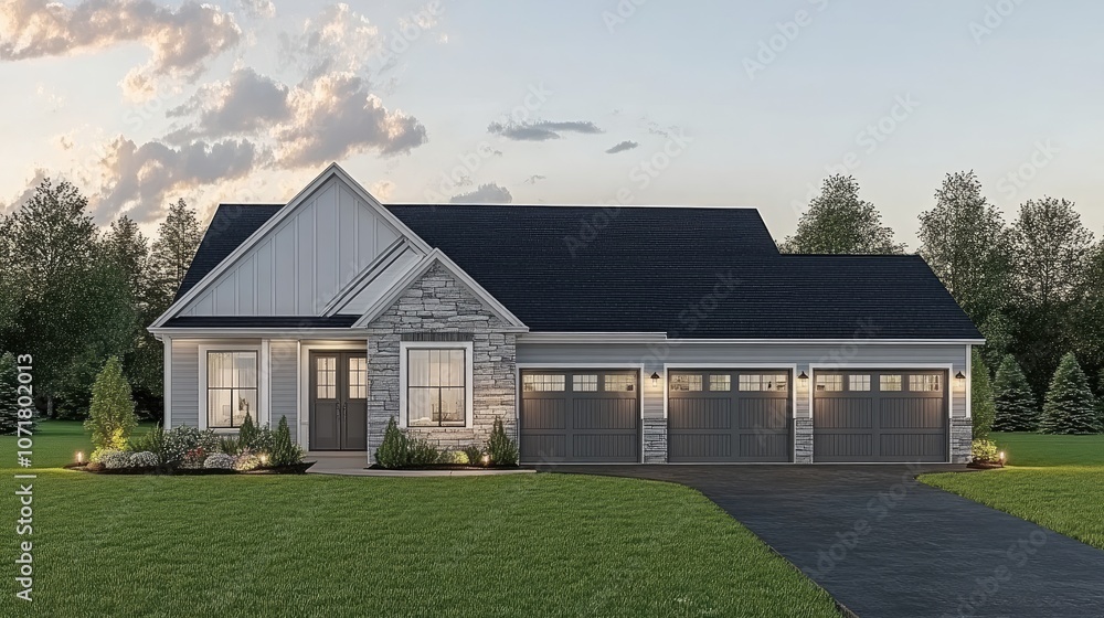 Obraz premium Modern Single-Story Home with Garage and Lawn