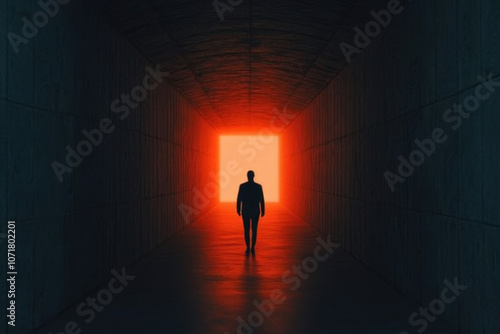 A silhouetted figure walks toward a brightly lit end of a dark tunnel, creating a dramatic contrast between light and shadow. photo