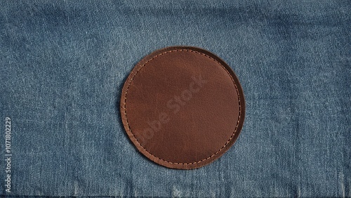 Round brown leather patch on blue denim, ideal for branding visuals
