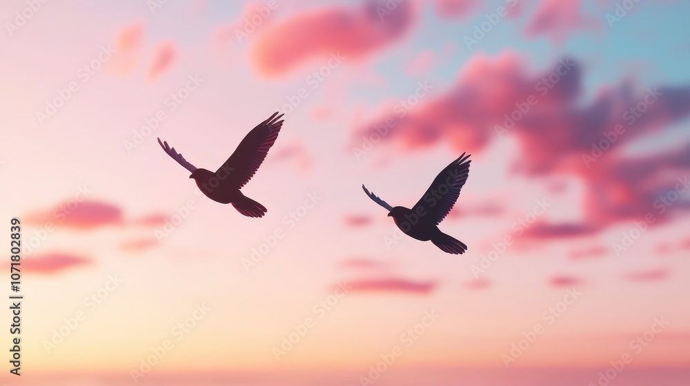 Fototapeta premium Silhouettes of Two Birds Flying Against a Sunset Sky