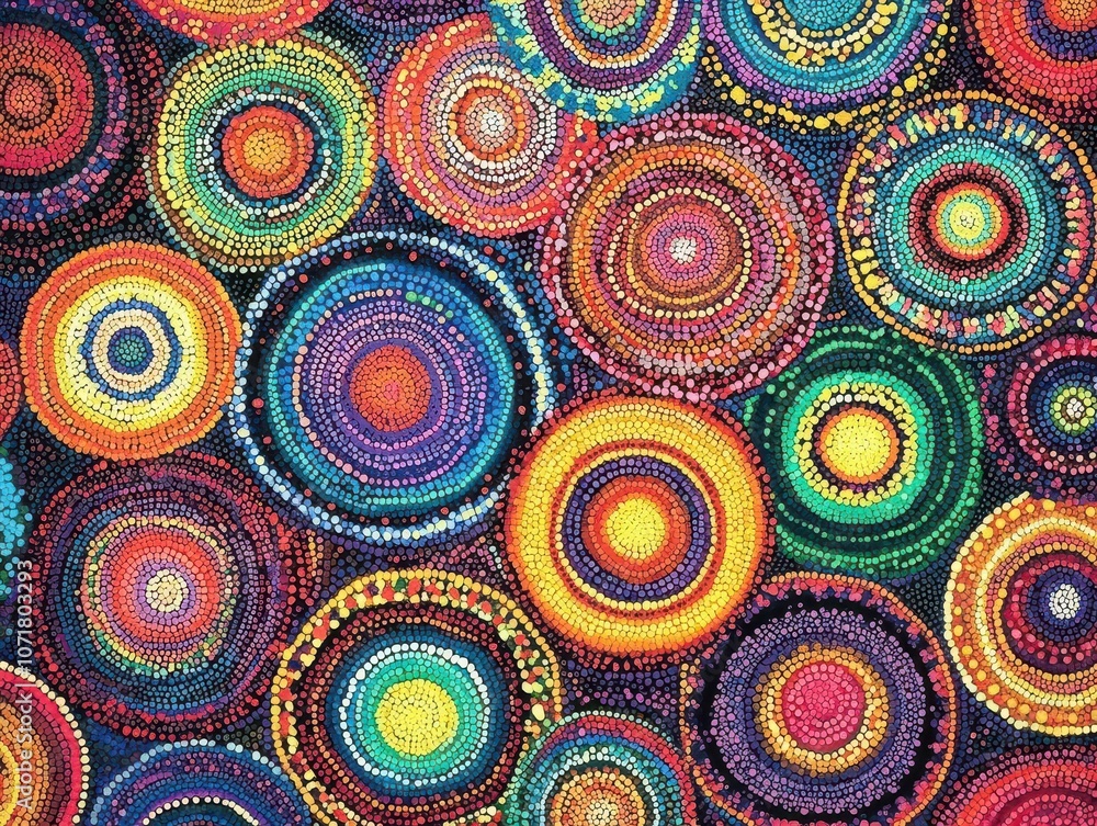 Fototapeta premium colorful aboriginal dotwork background featuring vibrant circles in a harmonious arrangement, evoking cultural significance and artistic expression in a lively composition