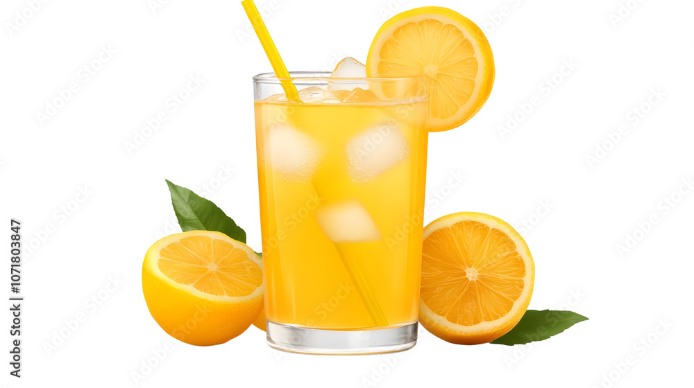 Refreshing Lemonade Drink with Ice Cubes in a Glass Surrounded by Fresh Sliced Lemons and Green Leaves on a White Background Refreshing Lemonade Drink with Ice Cubes in a Glass Surrounded by Fresh Sliced Lemons and Green Leaves on a White Background