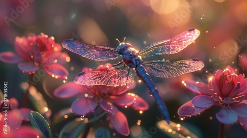 Wallpaper Mural A vibrant dragonfly perched on pink flowers, illuminated by soft light and sparkling droplets. Torontodigital.ca