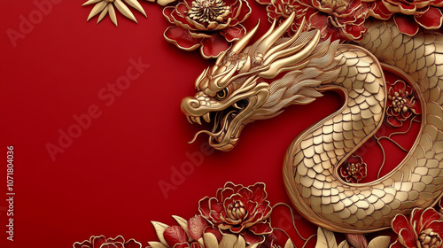 Wallpaper Mural Golden dragon with intricate scales and floral motifs on vibrant red background, symbolizing prosperity and celebration. Torontodigital.ca