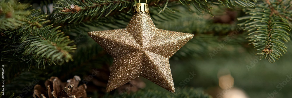 Sparkling Gold Star Christmas Ornament Hanging on a Christmas Tree, symbolizing hope, joy, peace, celebration, and the holiday season. Sparkling Gold Star Christmas Ornament Hanging on a Christmas Tree, symbolizing hope, joy, peace, celebration, and the holiday season.