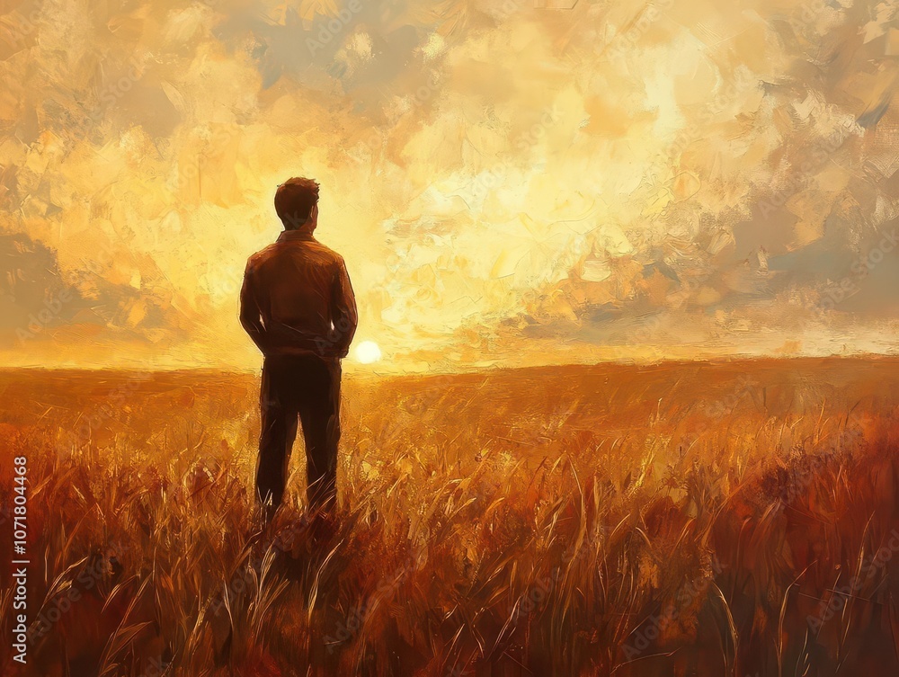 Fototapeta premium confident male figure gazing out over a vast skyline from a grassy meadow under a golden sunset, embodying a sense of freedom and achievement, with warm tones painting the serene landscape
