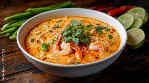 Tom Yum Kung, the traditional Thai soup with shrimp and lime pieces, on a wooden table with fresh. It's known for its strong flavors and spiciness.