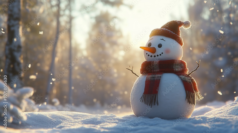 Obraz premium Cheerful snowman with red scarf and hat enjoying a beautiful snowy winter day in a sunlit forest clearing