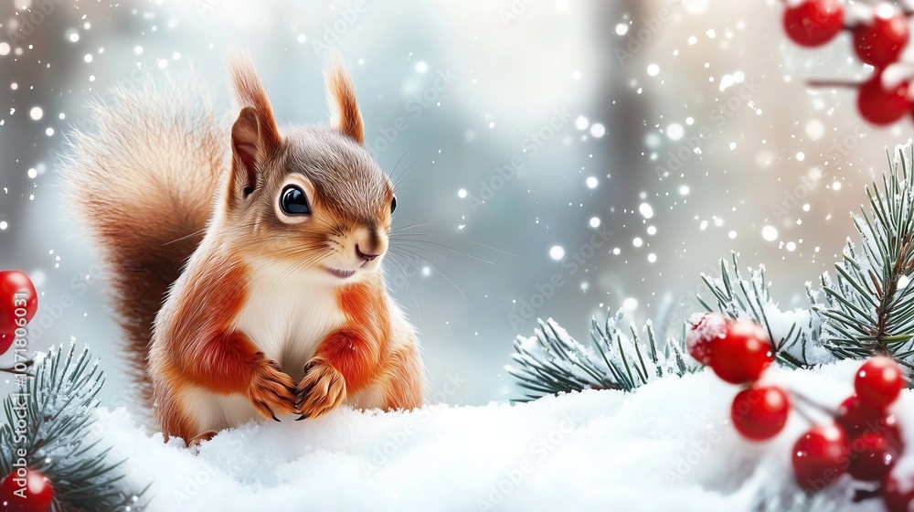 christmas banner background cute squirrel in winter garden christmas banner background cute squirrel in winter garden
