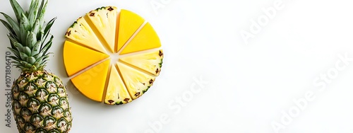 A pineapple is cut into six pieces and placed on a white background. Concept of freshness and natural beauty, as well as the idea of sharing and enjoying a delicious fruit photo