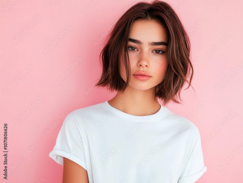 cute young woman with a bob haircut, posing against a flat pink background with ample copy space, radiating charm and simplicity in her casual white t-shirt cute young woman with a bob haircut, posing against a flat pink background with ample copy space, radiating charm and simplicity in her casual white t-shirt