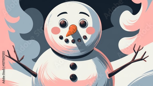 Whimsical snowman with a carrot nose, playful mood, against a vibrant abstract background
