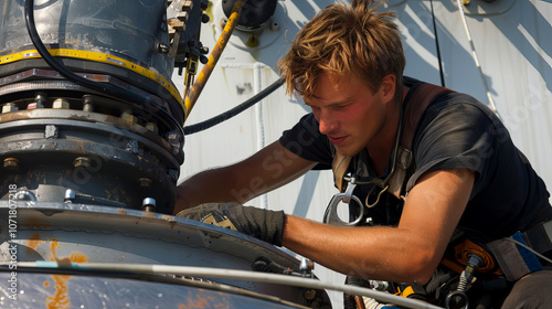 closeup of a tecnician working on top of windmill industry worker photo