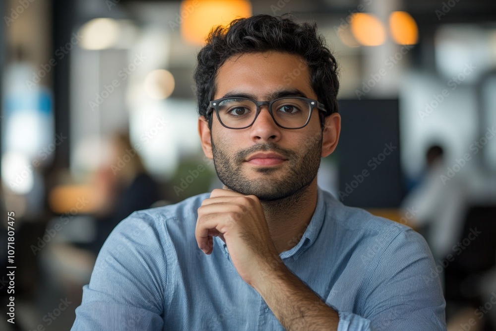 Obraz premium A thoughtful man with glasses and a neatly trimmed beard sits in a modern office, his hand resting on his chin, contemplating ideas and solutions.